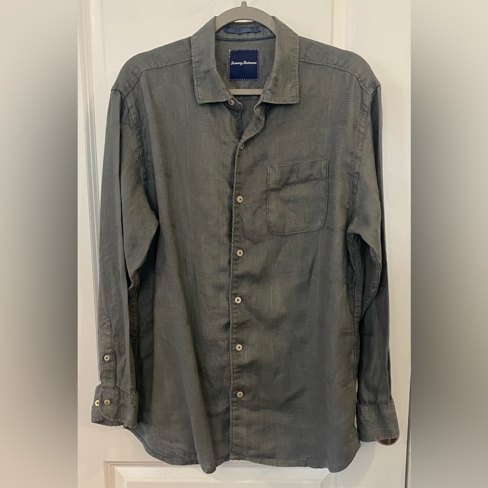 Tommy Bahama Long Sleeve Button Up Shirt Sz L Grey Linen Pocket